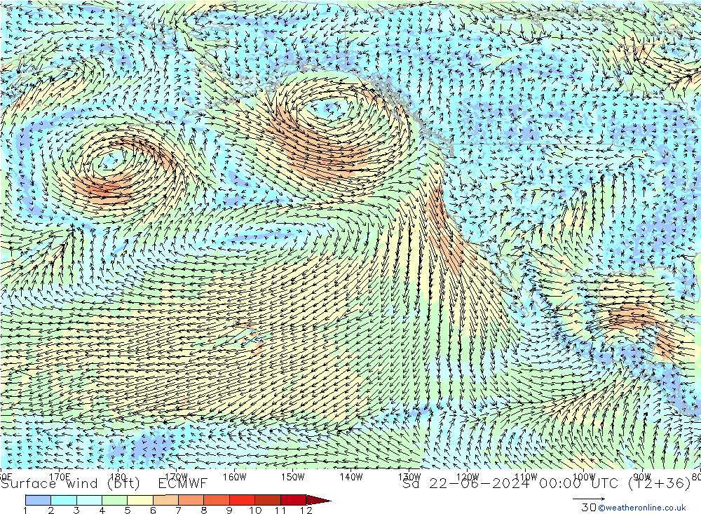 Surface wind (bft) ECMWF Sa 22.06.2024 00 UTC