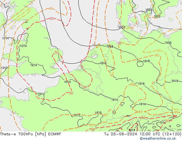 Theta-e 700hPa ECMWF wto. 25.06.2024 12 UTC