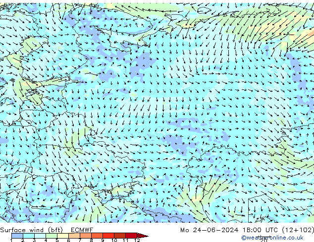Wind 10 m (bft) ECMWF ma 24.06.2024 18 UTC