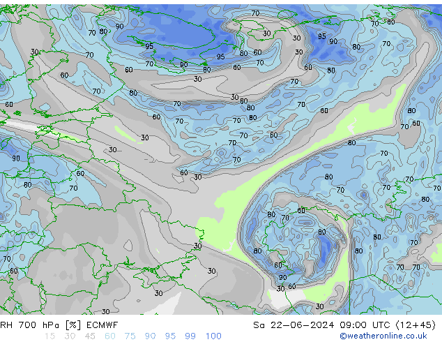 RH 700 hPa ECMWF Sa 22.06.2024 09 UTC