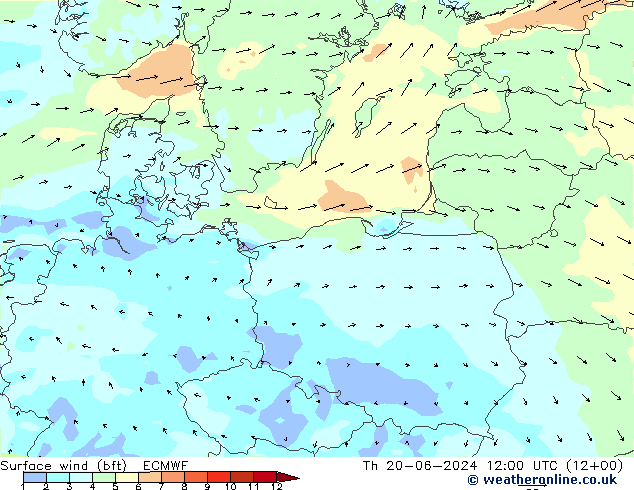 Surface wind (bft) ECMWF Čt 20.06.2024 12 UTC