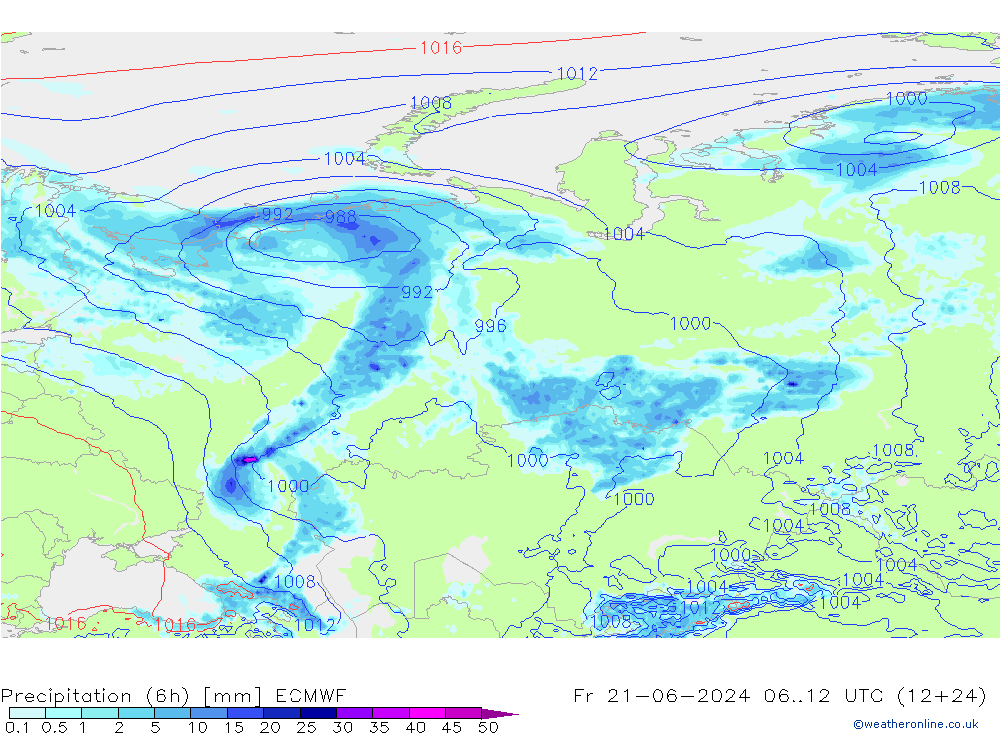 Totale neerslag (6h) ECMWF vr 21.06.2024 12 UTC