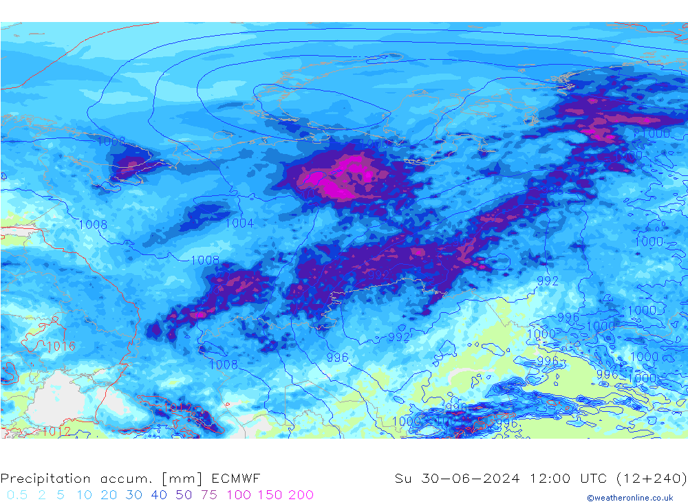 Precipitation accum. ECMWF dom 30.06.2024 12 UTC