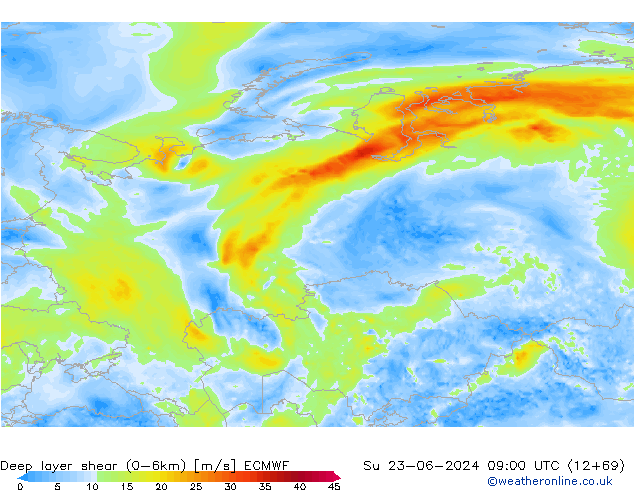 Deep layer shear (0-6km) ECMWF zo 23.06.2024 09 UTC
