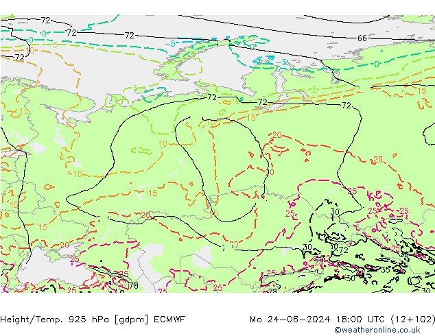 Height/Temp. 925 hPa ECMWF Mo 24.06.2024 18 UTC