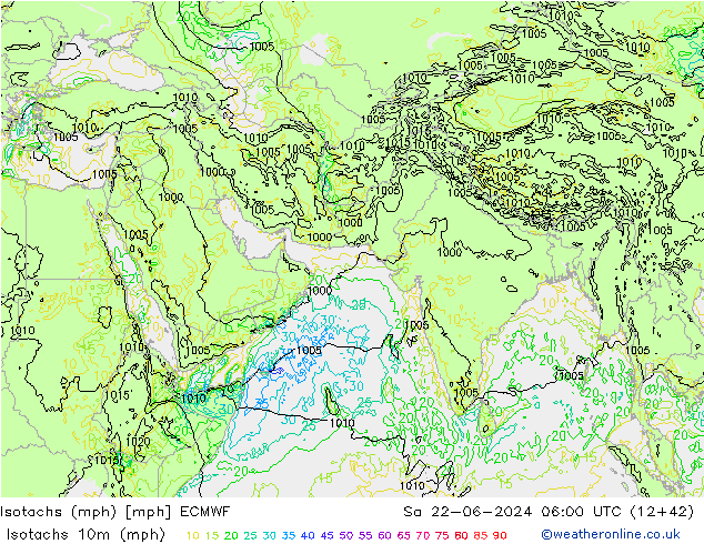 Isotachen (mph) ECMWF za 22.06.2024 06 UTC