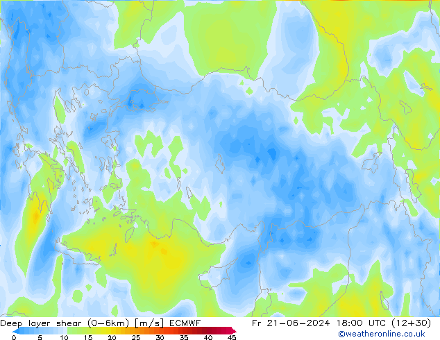 Deep layer shear (0-6km) ECMWF Cu 21.06.2024 18 UTC