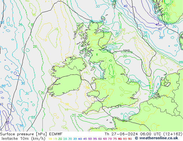 Isotachs (kph) ECMWF Th 27.06.2024 06 UTC