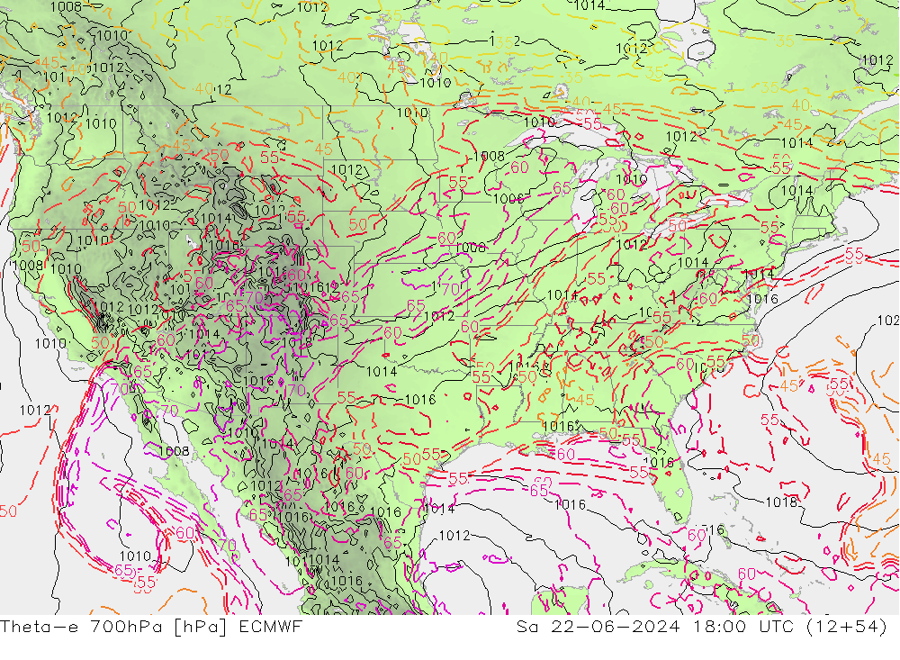 Theta-e 700hPa ECMWF sab 22.06.2024 18 UTC