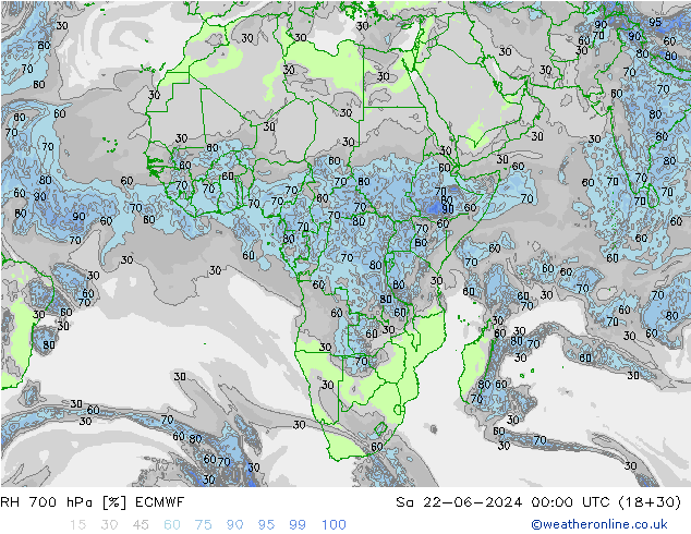 RH 700 hPa ECMWF Sa 22.06.2024 00 UTC