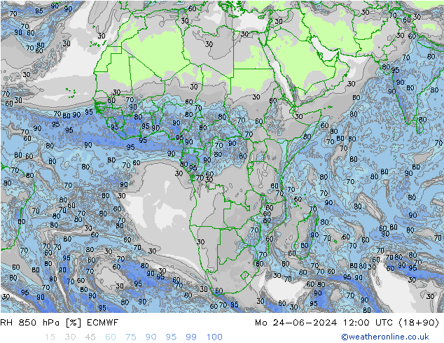 Humidité rel. 850 hPa ECMWF lun 24.06.2024 12 UTC