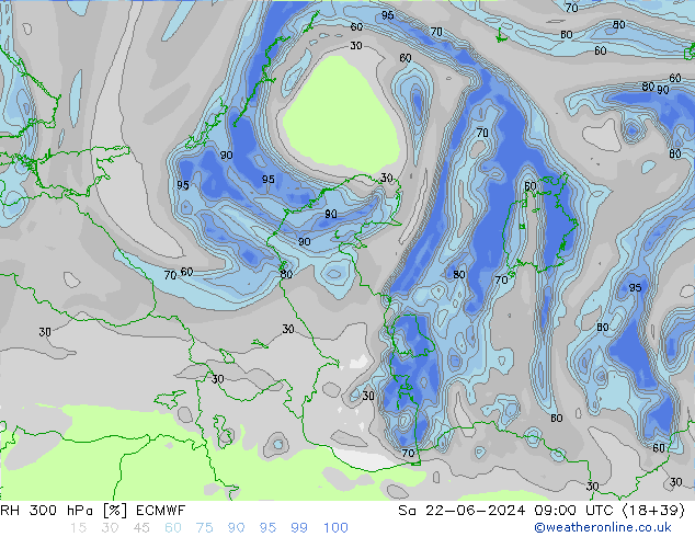 RH 300 hPa ECMWF Sa 22.06.2024 09 UTC