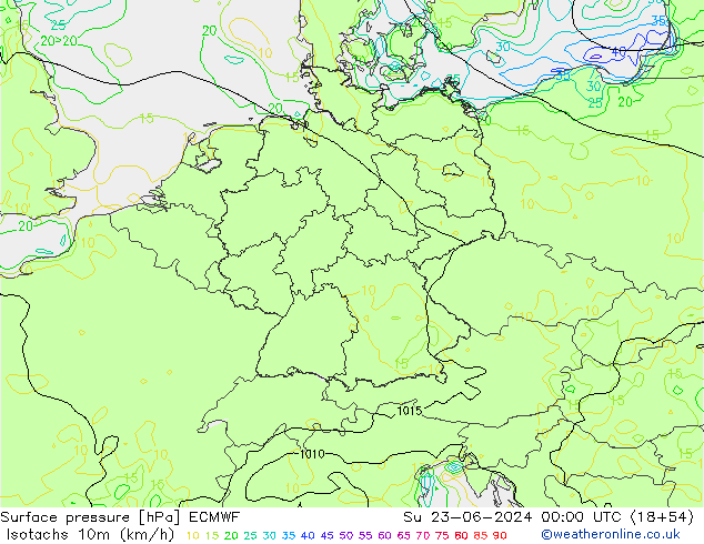 Isotachs (kph) ECMWF Ne 23.06.2024 00 UTC