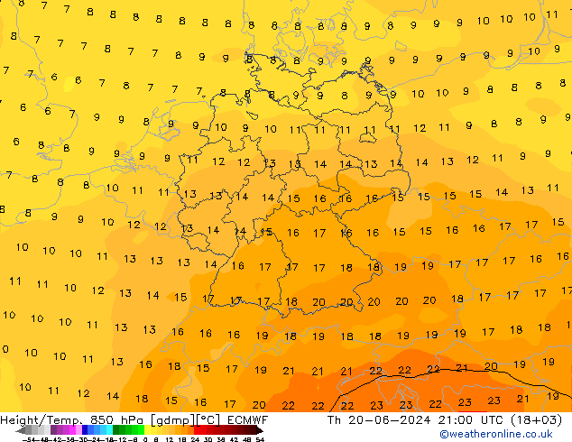 Height/Temp. 850 hPa ECMWF Th 20.06.2024 21 UTC