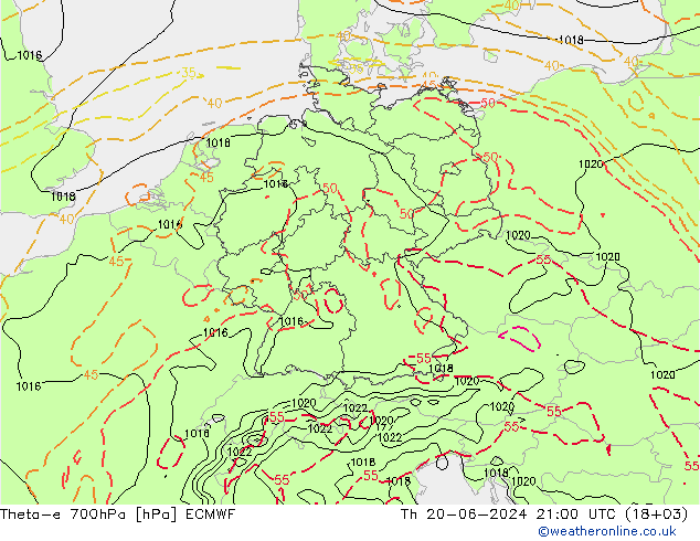Theta-e 700hPa ECMWF 星期四 20.06.2024 21 UTC