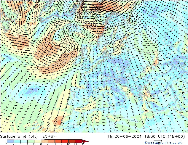 Surface wind (bft) ECMWF Th 20.06.2024 18 UTC
