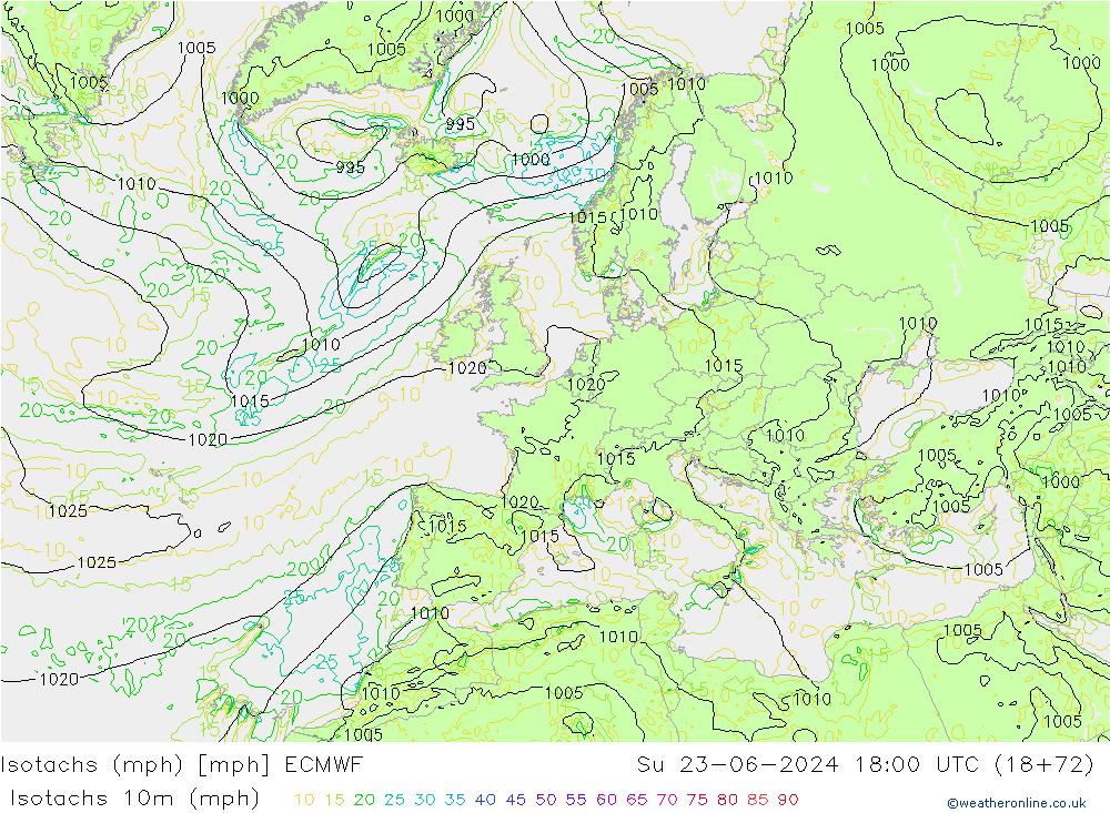 Isotachs (mph) ECMWF Ne 23.06.2024 18 UTC