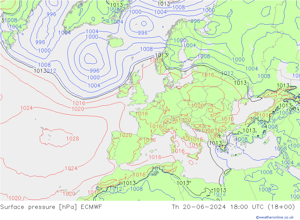 Presión superficial ECMWF jue 20.06.2024 18 UTC