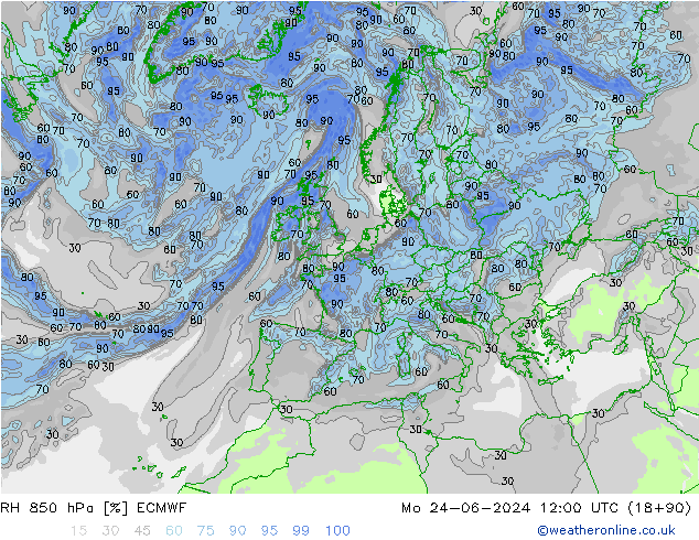 RH 850 hPa ECMWF Mo 24.06.2024 12 UTC