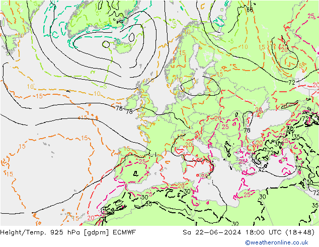 Height/Temp. 925 hPa ECMWF sab 22.06.2024 18 UTC