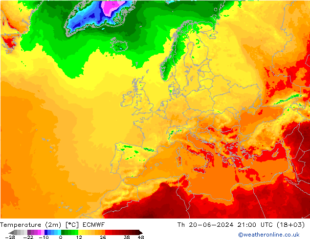 Temperatuurkaart (2m) ECMWF do 20.06.2024 21 UTC