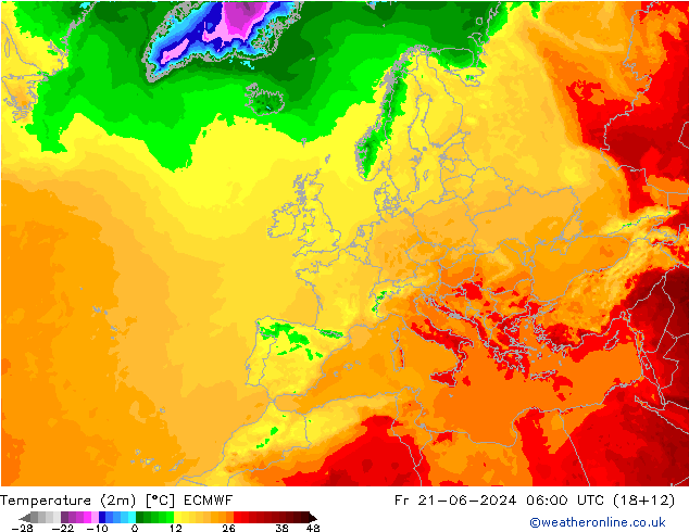 Temperature (2m) ECMWF Fr 21.06.2024 06 UTC