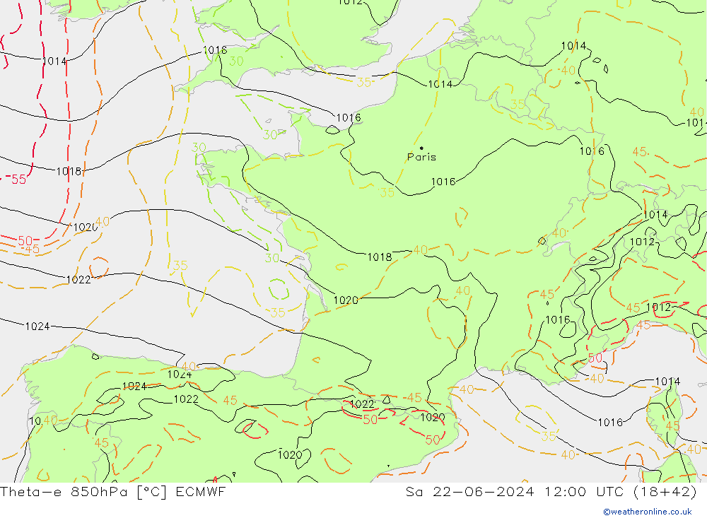 Theta-e 850hPa ECMWF Sa 22.06.2024 12 UTC