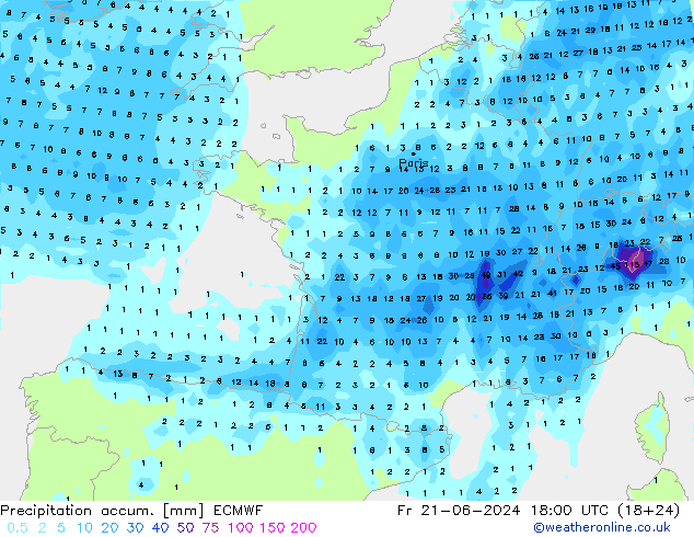 Precipitation accum. ECMWF Fr 21.06.2024 18 UTC