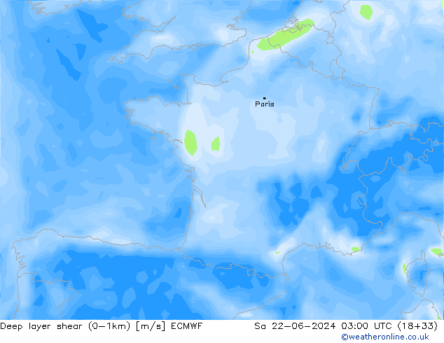 Deep layer shear (0-1km) ECMWF So 22.06.2024 03 UTC