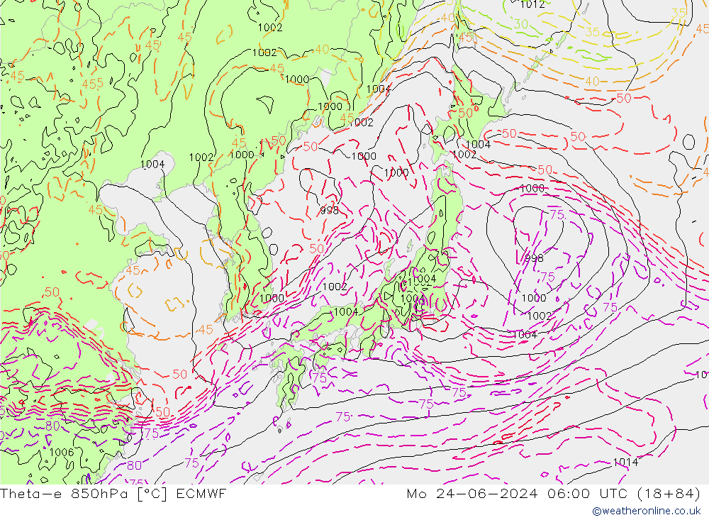 Theta-e 850hPa ECMWF pon. 24.06.2024 06 UTC