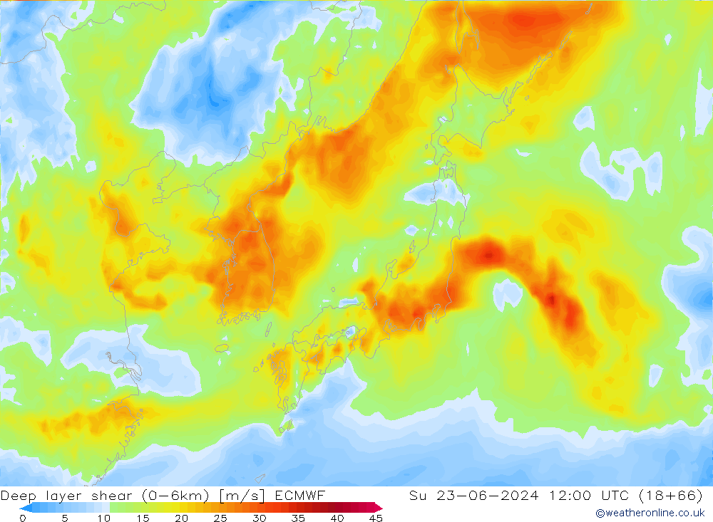 Deep layer shear (0-6km) ECMWF dom 23.06.2024 12 UTC