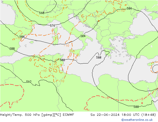Z500/Rain (+SLP)/Z850 ECMWF so. 22.06.2024 18 UTC