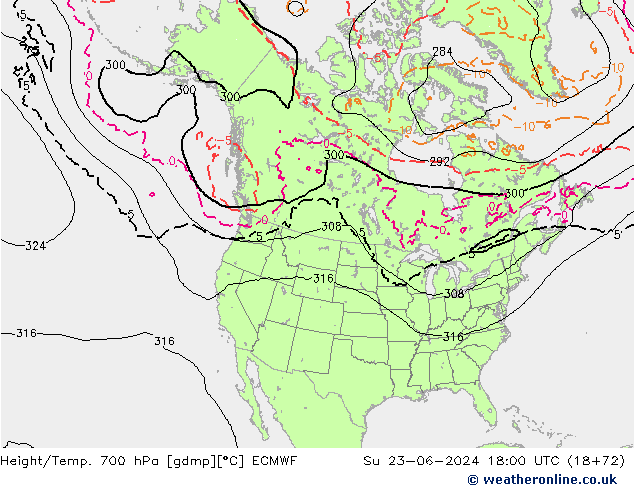 Hoogte/Temp. 700 hPa ECMWF zo 23.06.2024 18 UTC