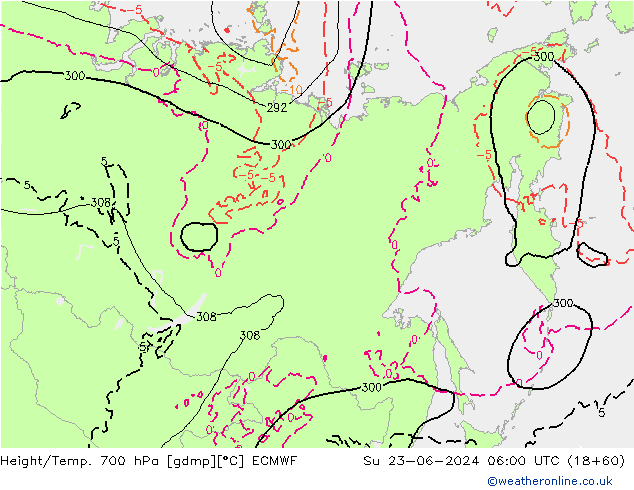 Hoogte/Temp. 700 hPa ECMWF zo 23.06.2024 06 UTC