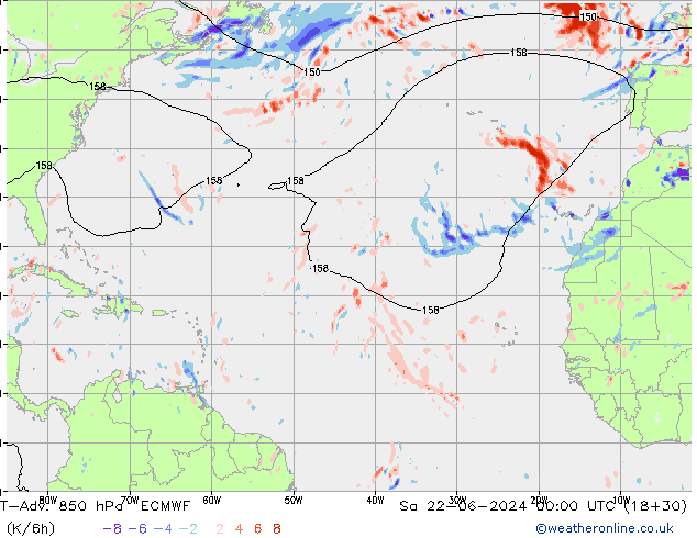 T-Adv. 850 гПа ECMWF сб 22.06.2024 00 UTC