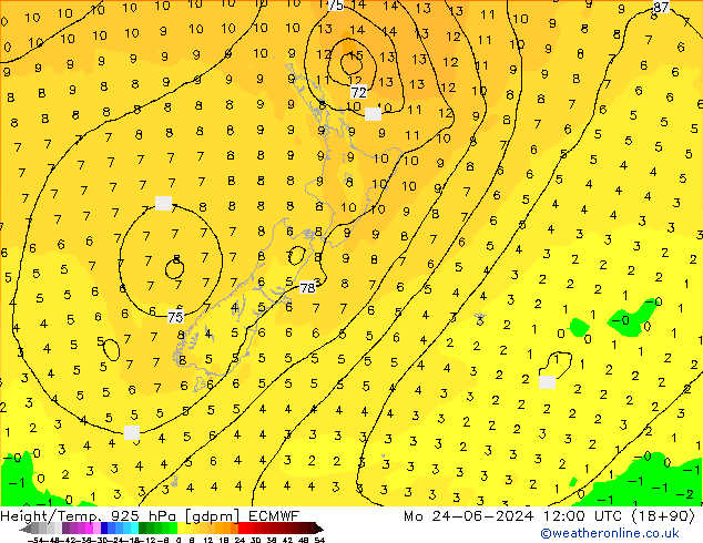 Height/Temp. 925 гПа ECMWF пн 24.06.2024 12 UTC