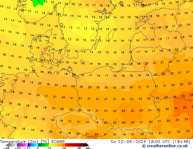 Temperature (2m) ECMWF Sa 22.06.2024 18 UTC