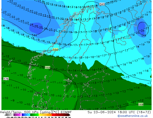 Z500/Rain (+SLP)/Z850 ECMWF Su 23.06.2024 18 UTC