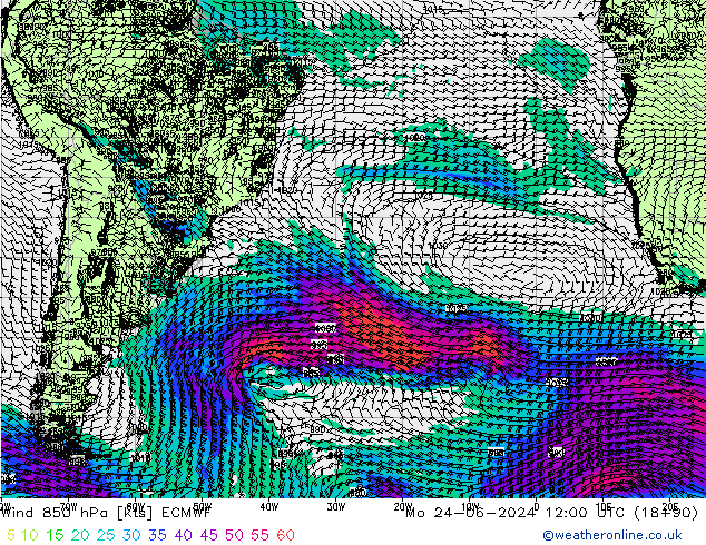 Vento 850 hPa ECMWF Seg 24.06.2024 12 UTC