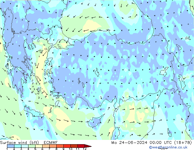 Rüzgar 10 m (bft) ECMWF Pzt 24.06.2024 00 UTC