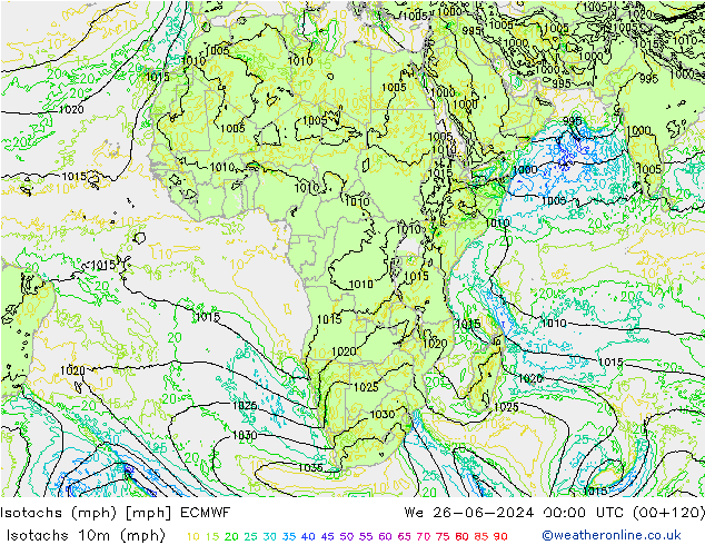 Isotachs (mph) ECMWF We 26.06.2024 00 UTC