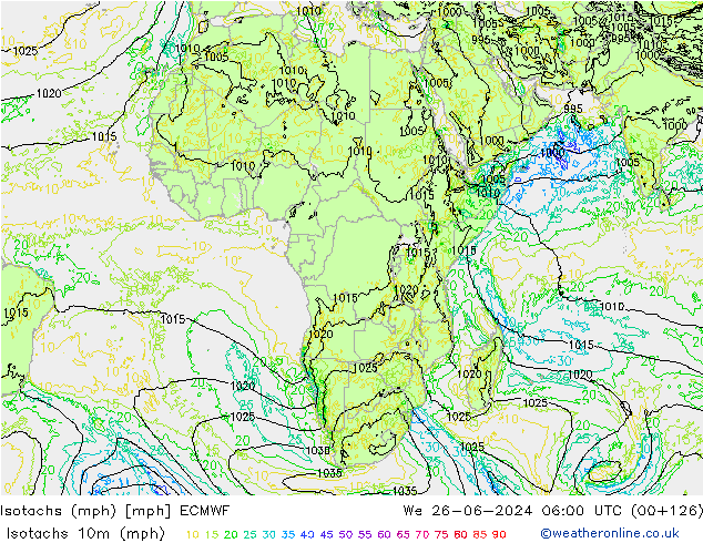 Isotachs (mph) ECMWF ср 26.06.2024 06 UTC