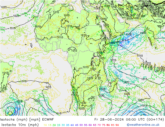 Isotachs (mph) ECMWF Fr 28.06.2024 06 UTC