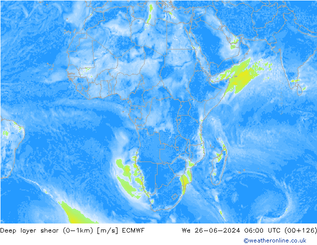 Deep layer shear (0-1km) ECMWF ср 26.06.2024 06 UTC