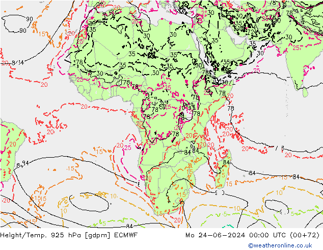 Height/Temp. 925 hPa ECMWF Mo 24.06.2024 00 UTC