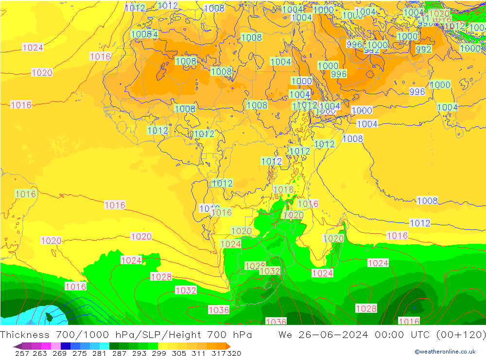 700-1000 hPa Kalınlığı ECMWF Çar 26.06.2024 00 UTC