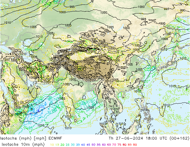 Isotachs (mph) ECMWF jeu 27.06.2024 18 UTC