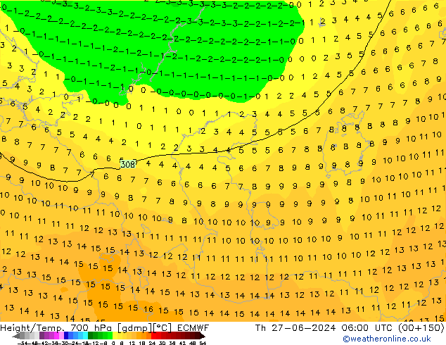 Height/Temp. 700 hPa ECMWF Th 27.06.2024 06 UTC