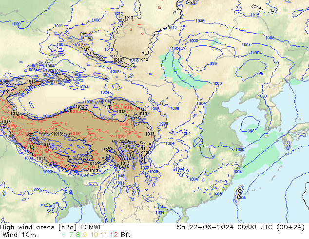 High wind areas ECMWF сб 22.06.2024 00 UTC