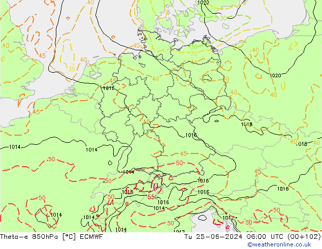 Theta-e 850hPa ECMWF Út 25.06.2024 06 UTC